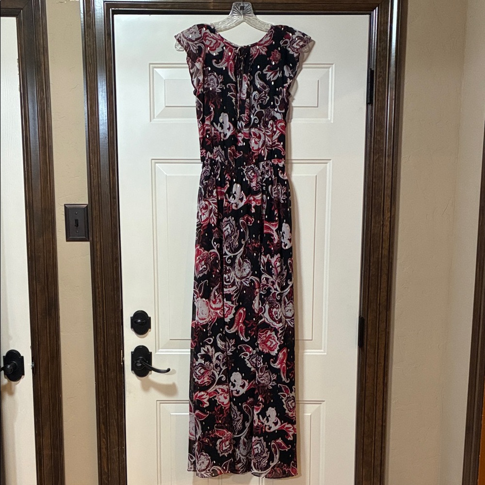 NWT XXS WHBM Red and Black Paisley Flutter Sleeve Maxi Dress (ABBA)